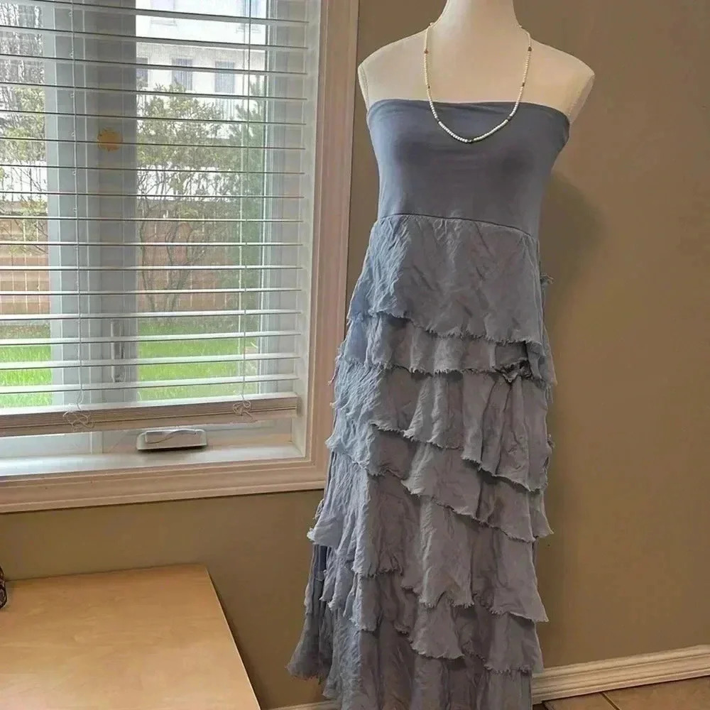 [S/M]Meo Meli Light Blue Boho Ruffle Layer Silk Blend  Strapless Midi/Maxi Dress